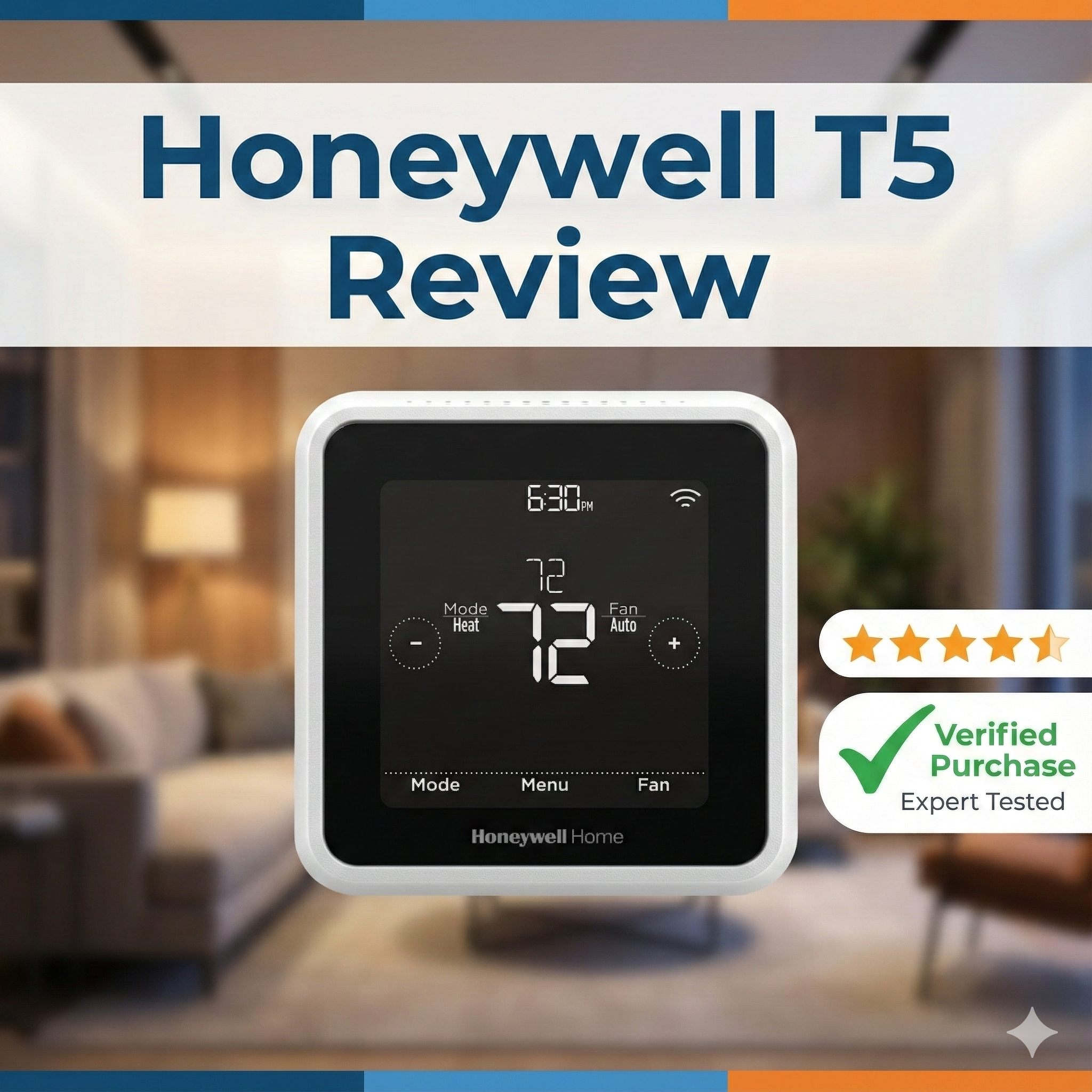 Honeywell Home T5 Smart Thermostat black square design on wall