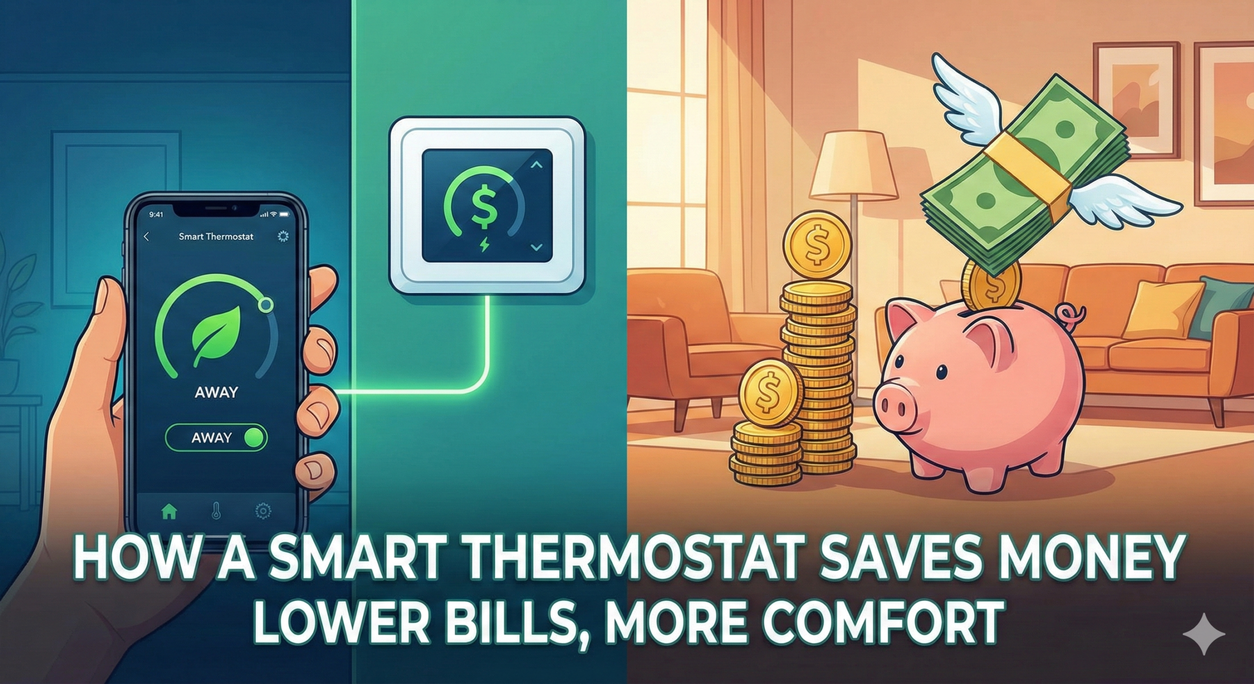 Smart thermostat displaying energy saving mode on a modern wall