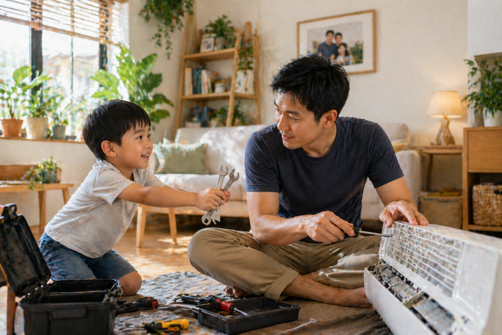 DIY air conditioner repair at home with parent and child checking AC unit not cooling
