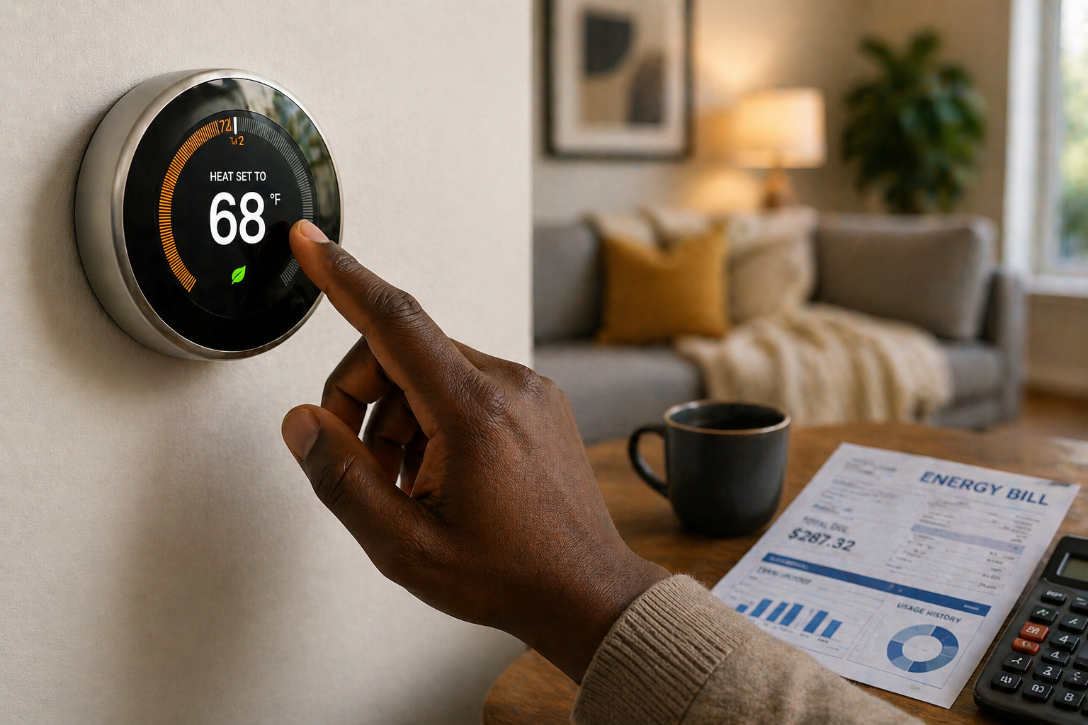 adjusting smart thermostat to lower heating bill and save energy at home