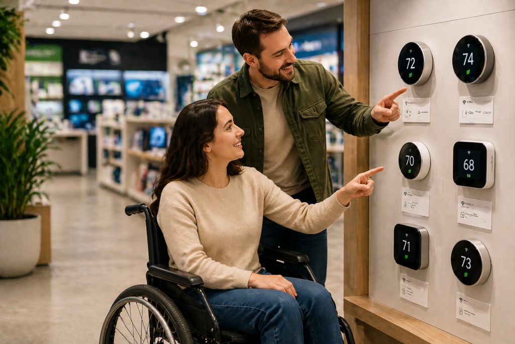 Best smart thermostat for home displayed in store as couple compares smart thermostat options for energy savings
