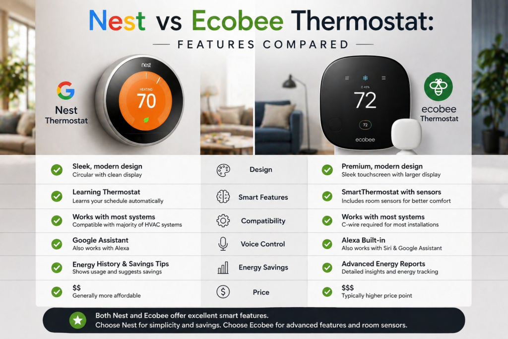 Nest vs Ecobee thermostat comparison showing features, design, and smart capabilities