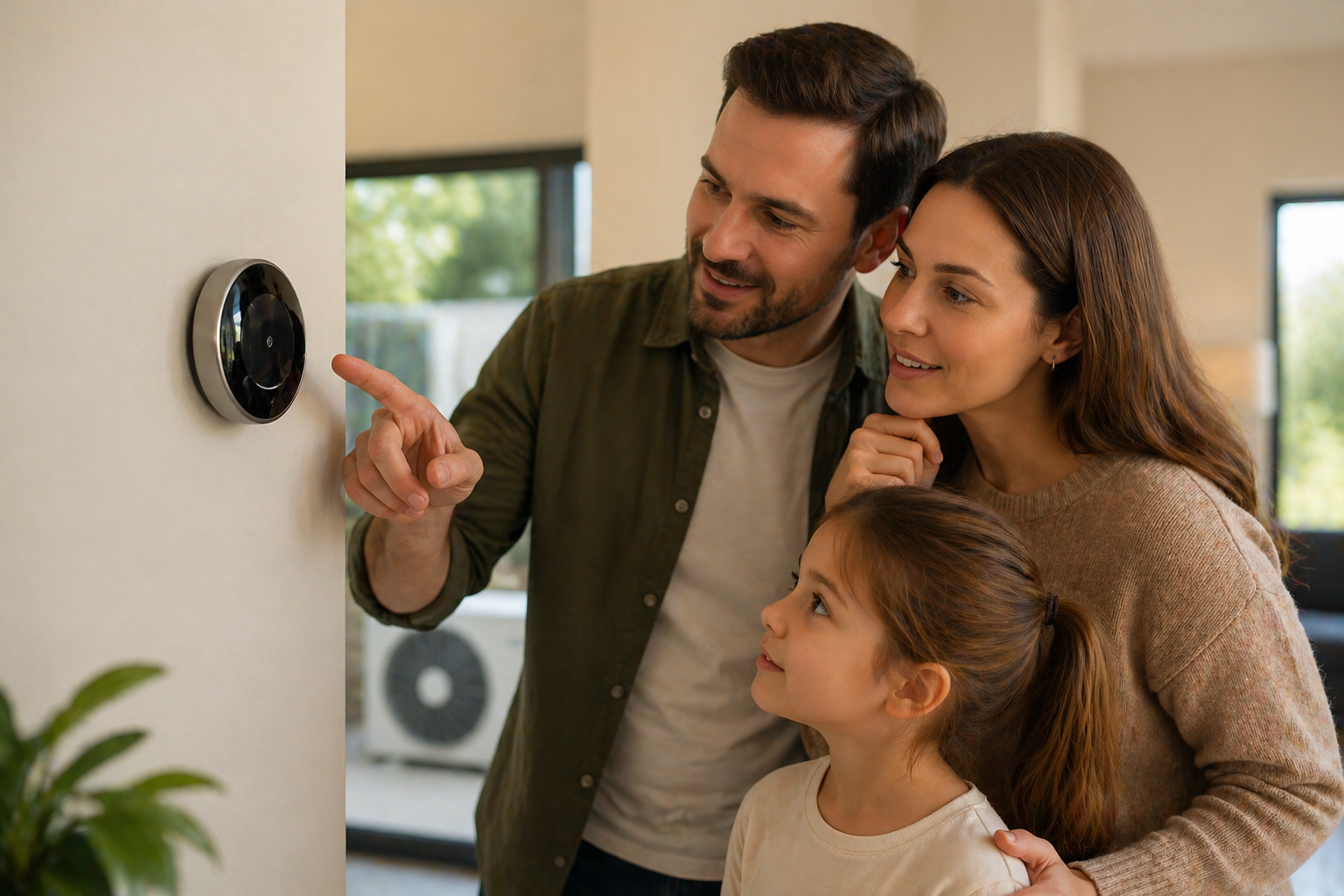 Homeowners viewing a smart thermostat when choosing the best thermostat for a Bosch heat pump