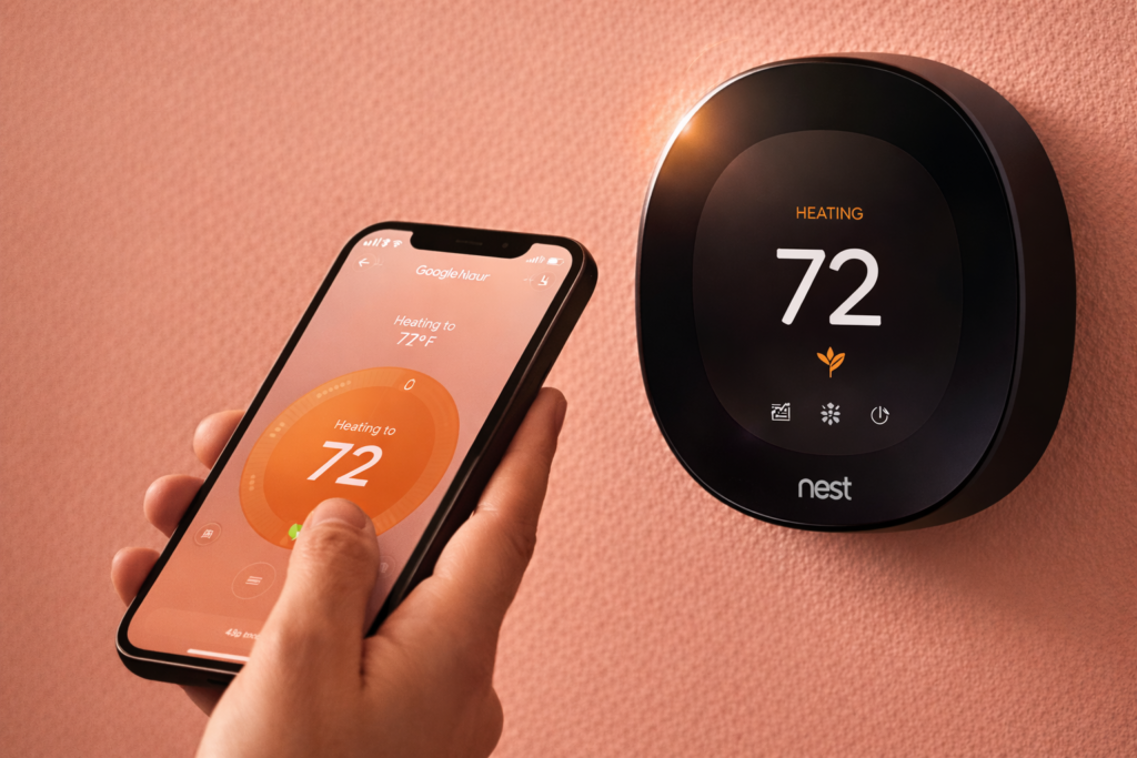 Google Nest Learning Thermostat 4th Gen controlled via smartphone app in a modern home