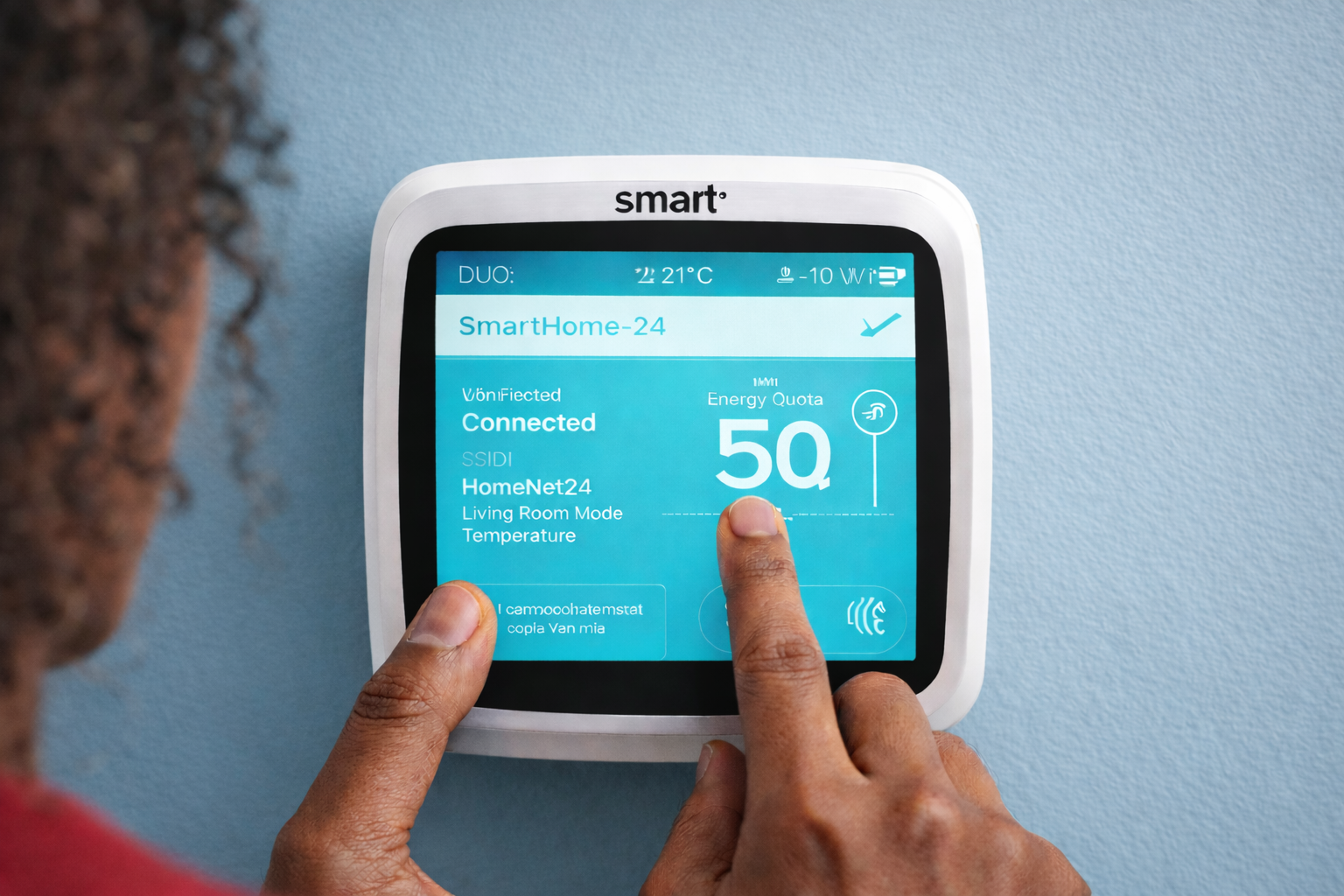 Person adjusting a smart thermostat on a wall using touchscreen controls