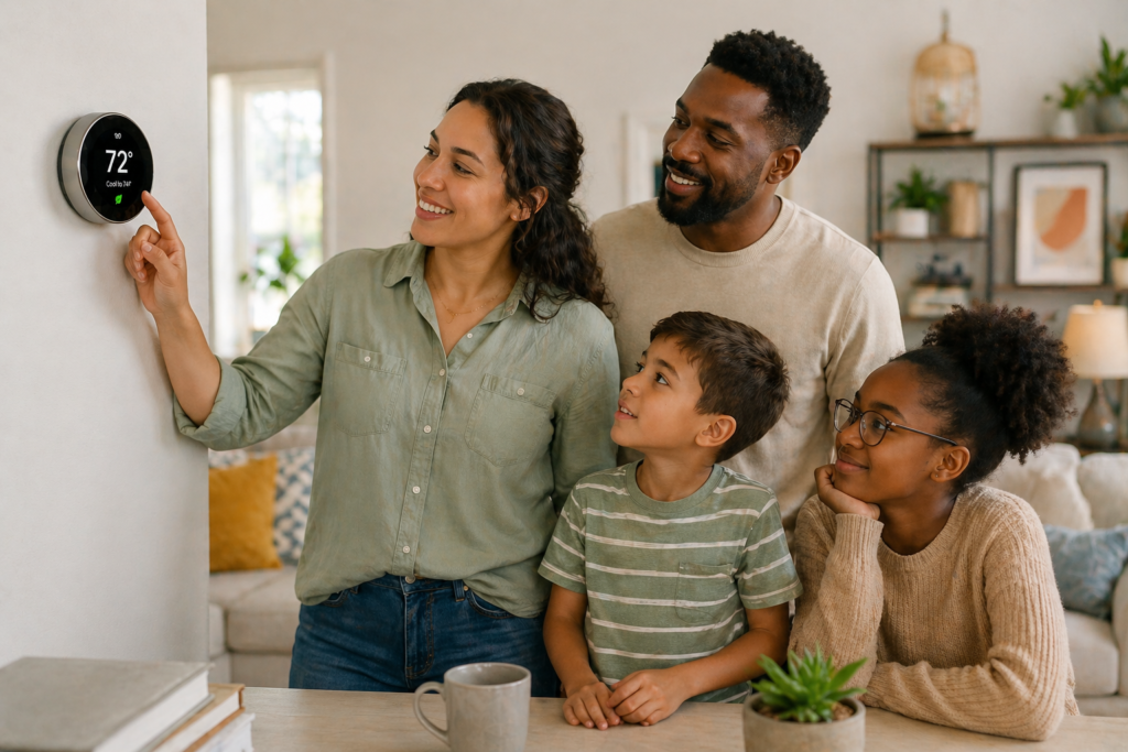 Family using smart thermostat in a modern living room