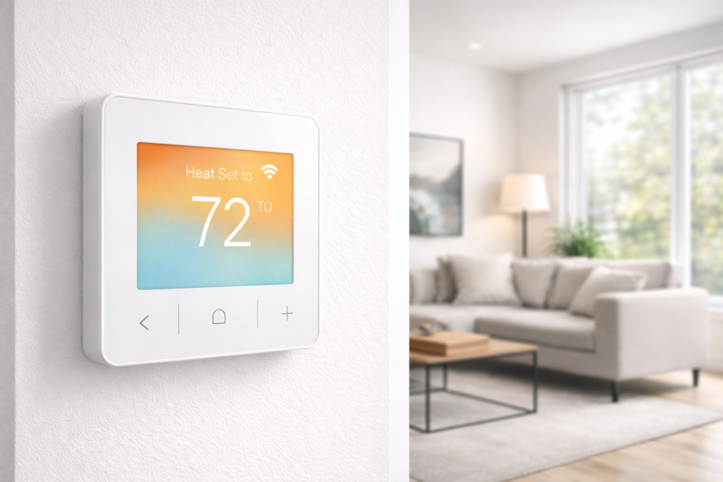 Google Nest thermostat mounted on wall in modern living room