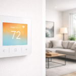 Google Nest thermostat mounted on wall in modern living room
