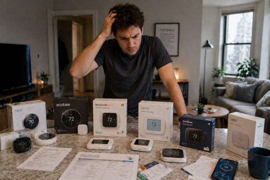 Confused homeowner comparing smart thermostat options on a kitchen counter to find the best smart thermostat for home