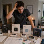 Confused homeowner comparing smart thermostat options on a kitchen counter to find the best smart thermostat for home