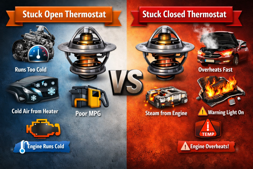 stuck open vs stuck closed thermostat symptoms comparison overheating vs cold engine