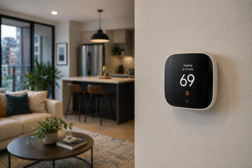 smart thermostat installed in apartment wall