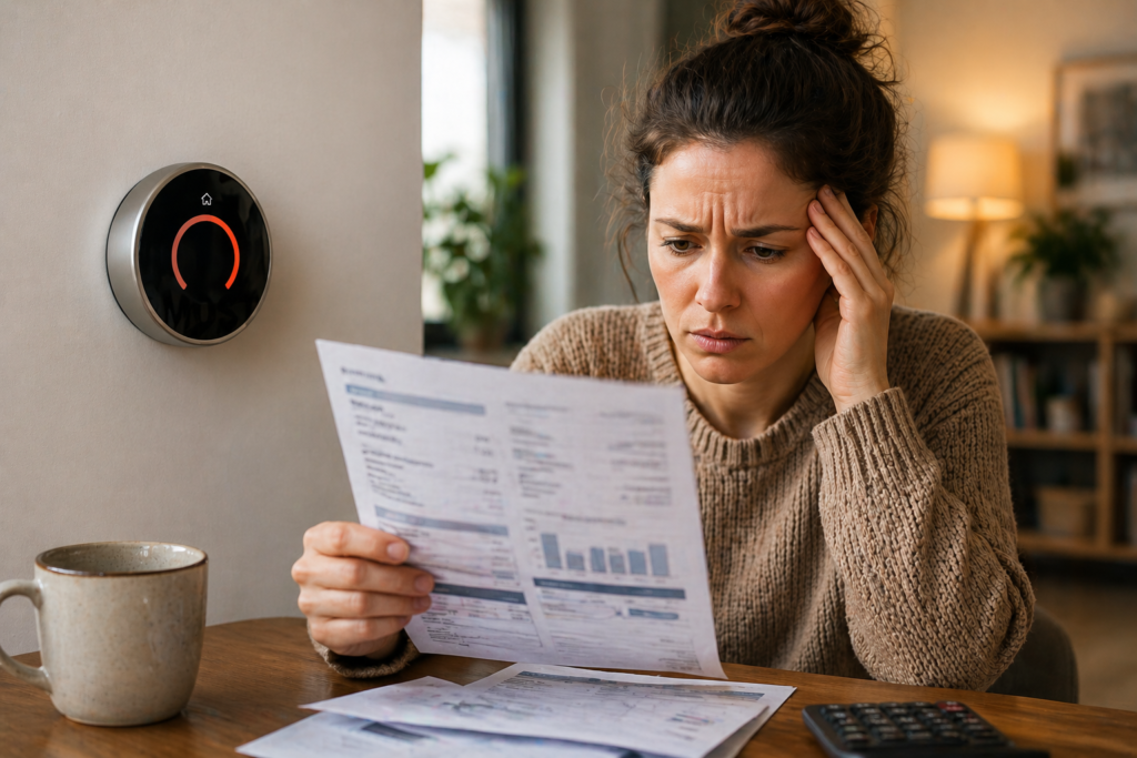 why is my heating bill so high homeowner checking energy bill near thermostat