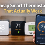 Best smart thermostat under $50 showing budget options with 68, 71 and 73 degree temperature displays in a modern home