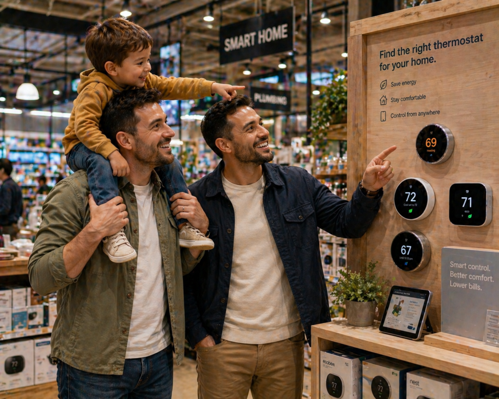 Smart thermostat display in a retail store with multiple models and temperature settings