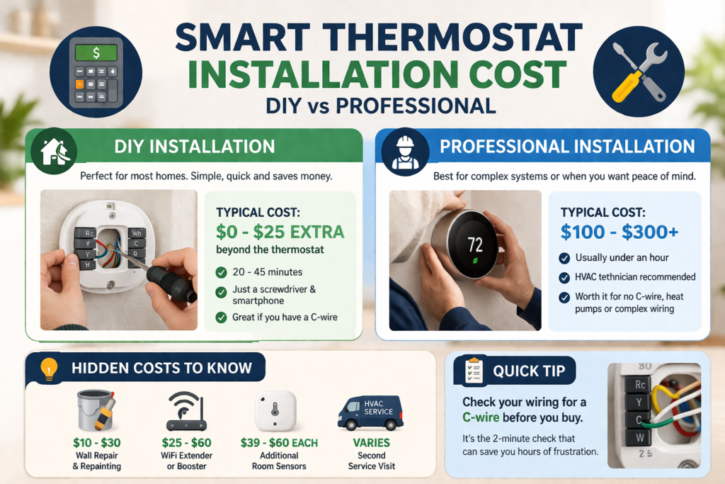 Smart thermostat installation cost comparison showing DIY vs professional pricing, typical costs, and hidden expenses in 2026