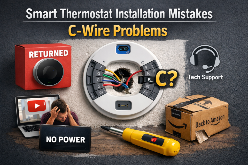 Smart thermostat installation mistakes showing C-wire problem with no power issue during setup