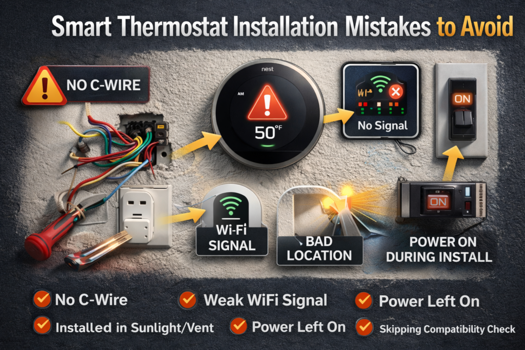 Smart thermostat installation mistakes infographic showing C-wire issues, weak WiFi signal, bad placement and power on during installation