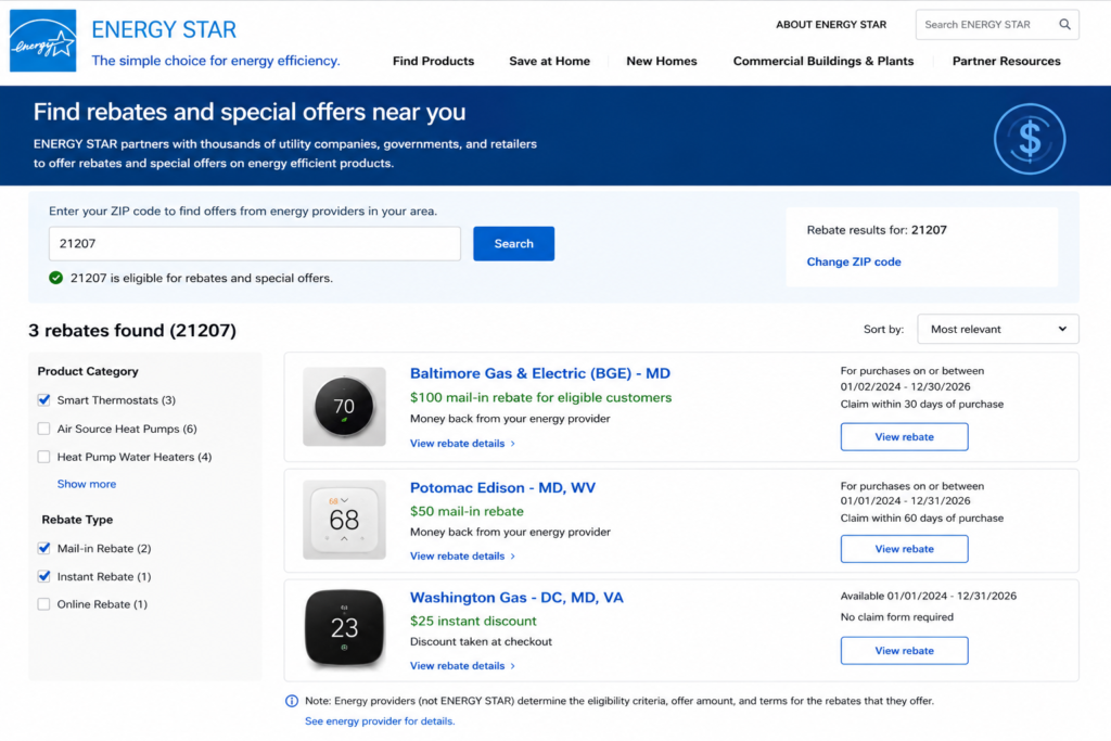 ENERGY STAR rebate finder showing smart thermostat rebates available by ZIP code in 2026