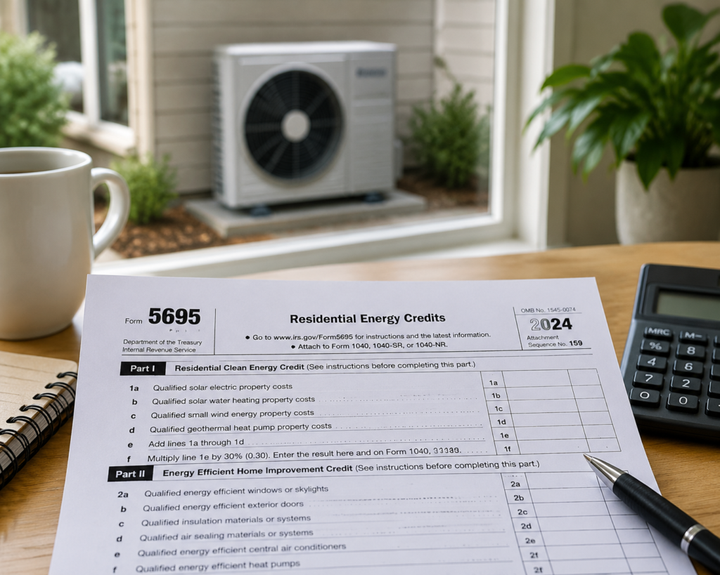 IRS Form 5695 on a desk with a heat pump in the background, representing US home energy grants 2026