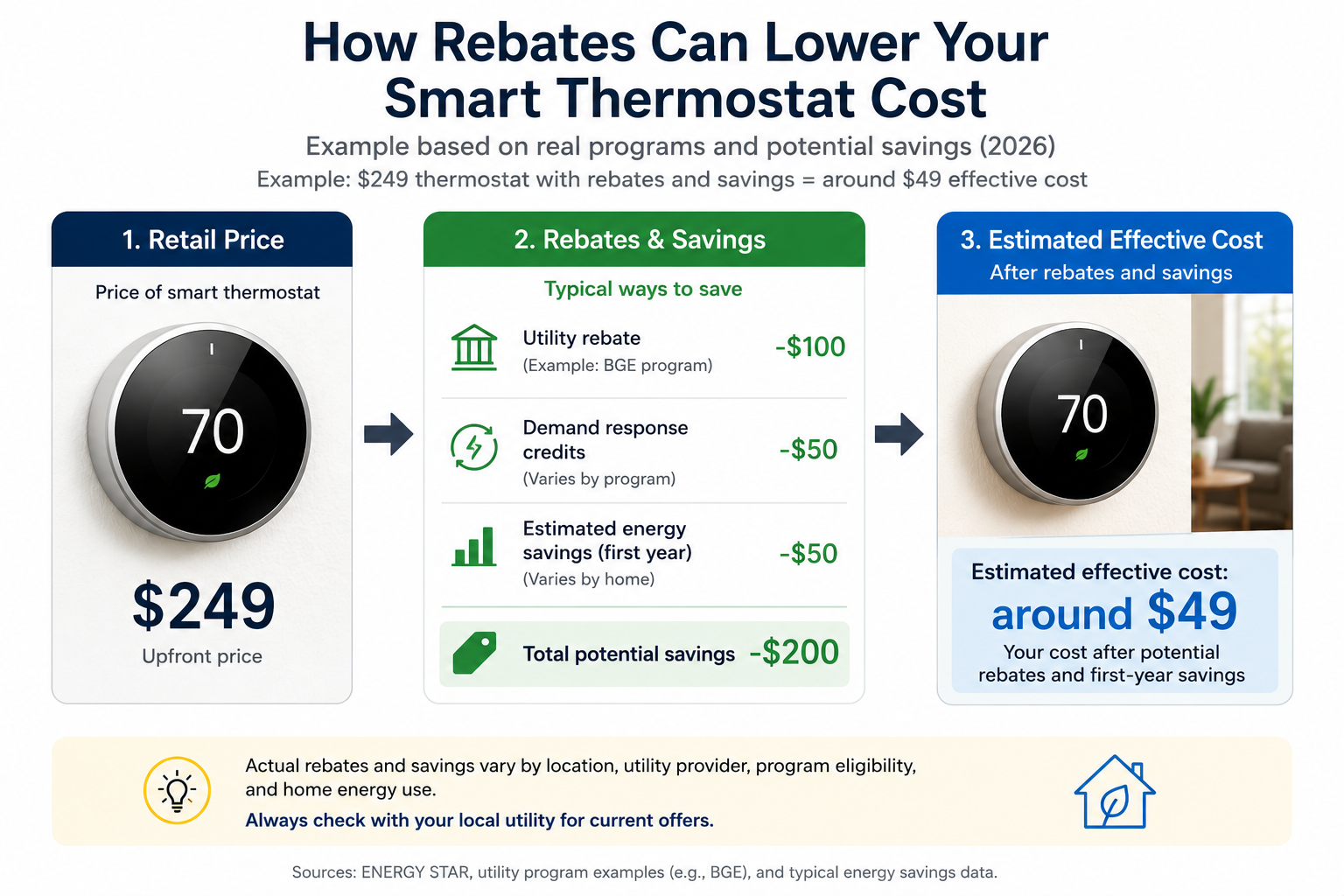 Smart thermostat rebate calculation showing estimated effective cost after rebates and energy savings in 2026