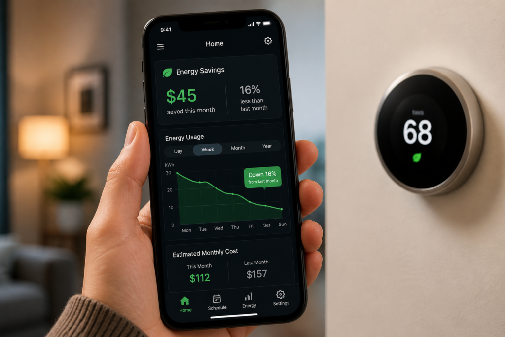smart thermostat app showing energy savings and reduced usage graph 2026