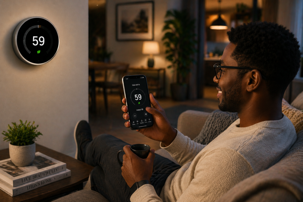 smart thermostat set to 59 degrees being controlled via smartphone in a modern living room
