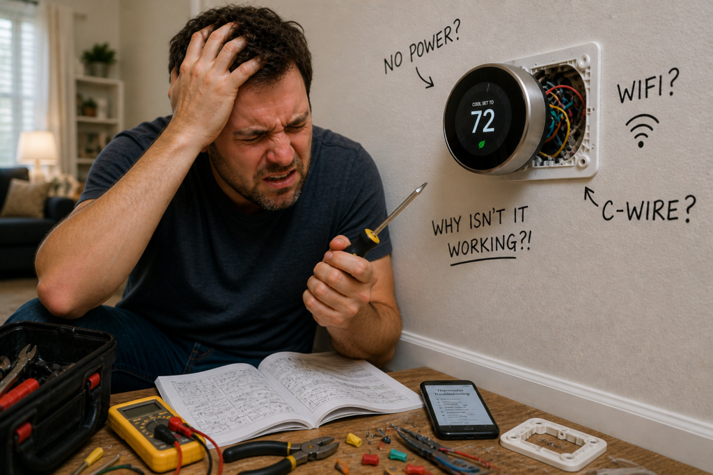 smart thermostat troubleshooting frustrated homeowner fixing wiring issue