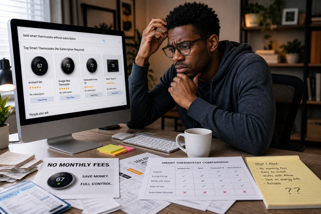 Researching smart thermostats without subscription fees