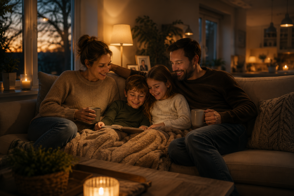 Family relaxing in a warm living room representing UK home energy grants 2026, heating upgrades, smart thermostats, and lower energy bills