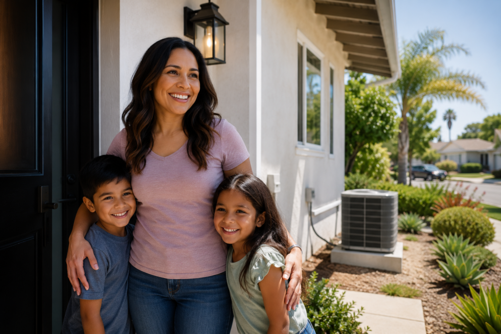 California HEEHRA rebates 2026 family outside an energy-efficient California home with a heat pump