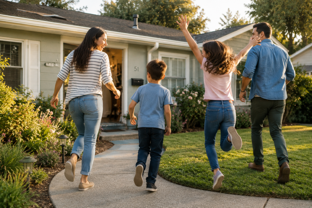 California Home Energy Rebates 2026 – happy family outside their suburban home celebrating energy savings and home upgrade rebates.