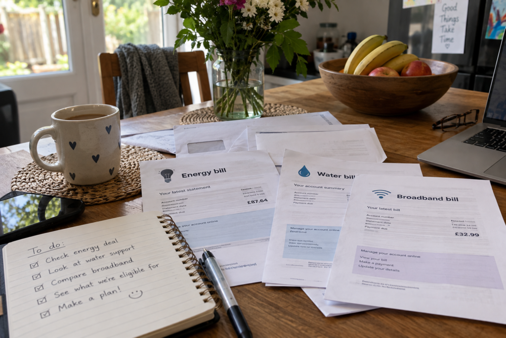 UK household energy, water and broadband bills on a kitchen table
